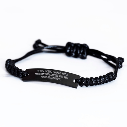 Athletic Trainer Rope Bracelet Gifts from Men for Father's Day, Funny Quote, Adjustable Black Stainless Steel with Interlaced Rope, 'I'm Not a Magician' - The Buy Boom