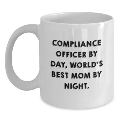 Compliance Officer Gifts, Funny White Coffee Mug, Birthday Unique Gifts from Friends, 'Compliance Officer By Day, World's Best Mom By Night.' - The Buy Boom
