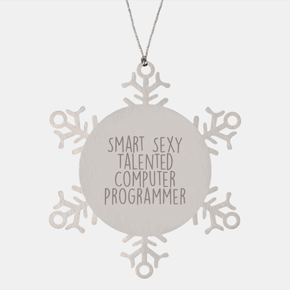 Computer Programmer Gifts from Friends - Funny Snowflake Ornament for Christmas, 'Smart Sexy Talented' Quote, Premium Stainless Steel, Shatterproof, 3.14 inches in Diameter - The Buy Boom