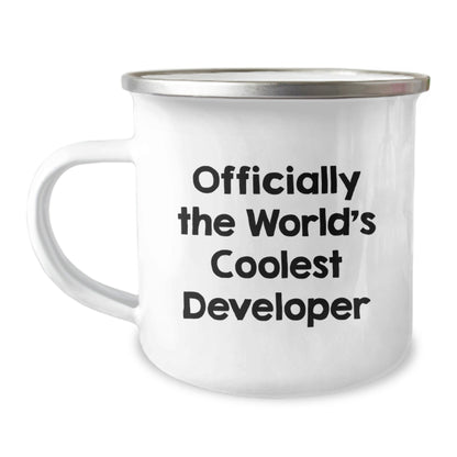 Developer Gifts from Friends, Unique Camping Mug for Men, 'Officially The World's Coolest Developer' Quote, Stainless Steel with Enamel Finish, 12 oz Capacity, Perfect Graduation Gift for Him - The Buy Boom