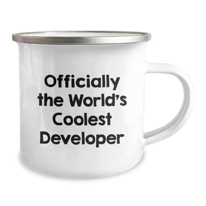 Developer Gifts from Friends, Unique Camping Mug for Men, 'Officially The World's Coolest Developer' Quote, Stainless Steel with Enamel Finish, 12 oz Capacity, Perfect Graduation Gift for Him - The Buy Boom