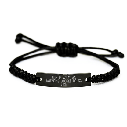 Father's Day Unique Gift Ideas for Logger Men - Inspirational Rope Bracelet with Quote 'This Is What An Awesome Logger Looks Like' - Adjustable Black Rope Gift from Dad to Logger Friends - The Buy Boom