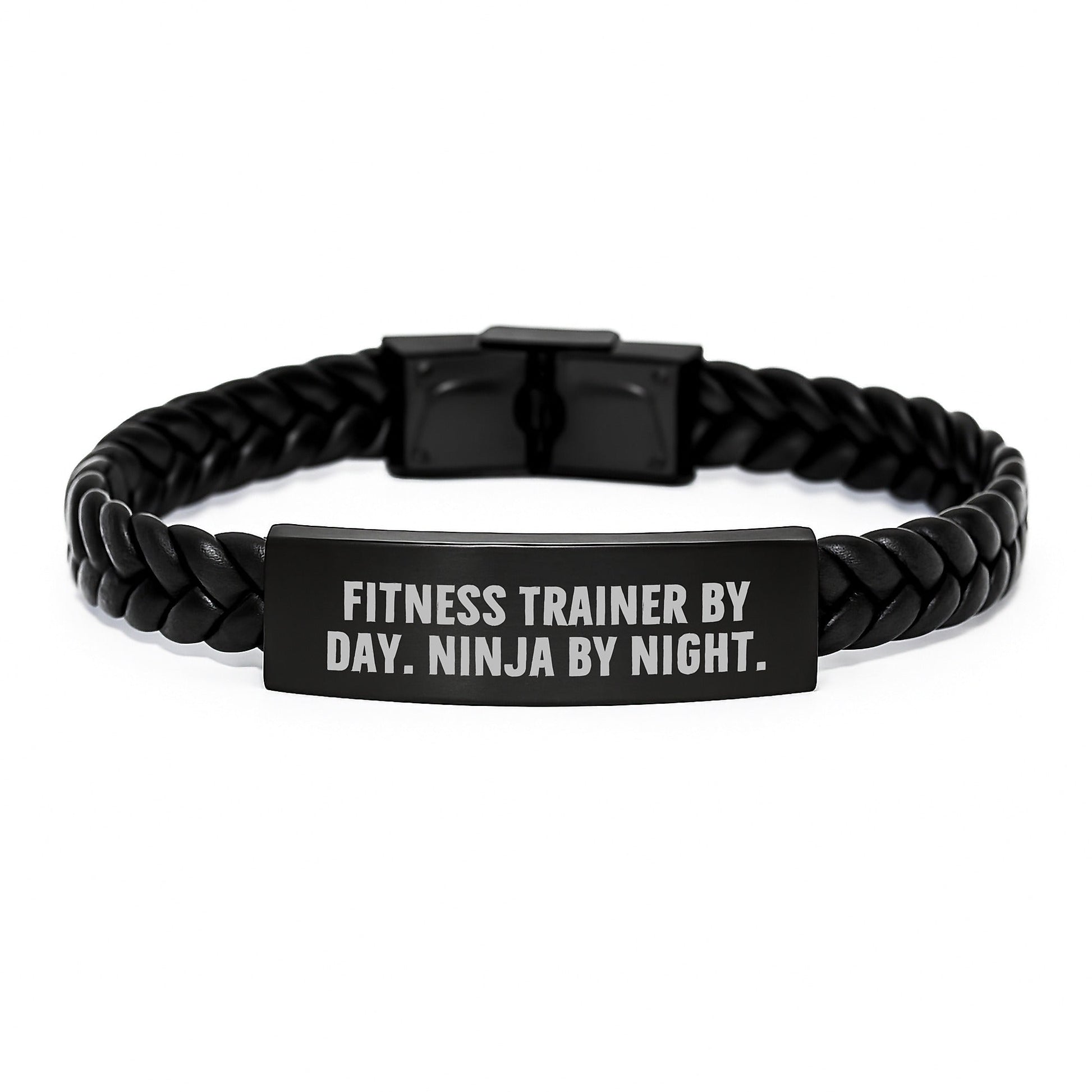 Fitness Trainer Gifts by Day, Ninja by Night - Interlaced Leather Men's Gift for Graduation, Engraved Stainless Steel - Gifts from Friends, Family, or Coworkers - The Buy Boom