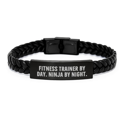 Fitness Trainer Gifts by Day, Ninja by Night - Interlaced Leather Men's Gift for Graduation, Engraved Stainless Steel - Gifts from Friends, Family, or Coworkers - The Buy Boom