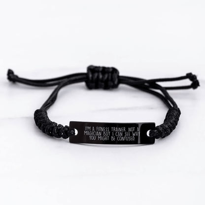 Fitness Trainer Gifts from Friends - Funny Quote Rope Bracelet for Men, Black Stainless Steel with Interlaced Rope, Adjustable, Father's Day Unique Gifts - The Buy Boom