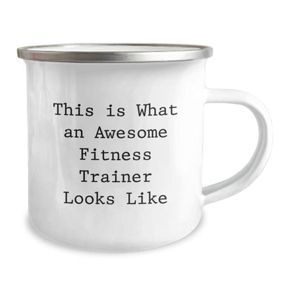 Fitness Trainer Gifts from Friends - Inspirational Camping Mug for Graduation, 'This Is What An Awesome Fitness Trainer Looks Like' Quote, 12 oz Stainless Steel with Enamel Finish - The Buy Boom