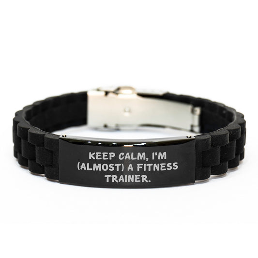 Fitness Trainer Gifts from Friends - Keep Calm, I'm (almost) a Trainer! Glide lock Clasp Bracelet for Birthday, Adjustable, Silver, Black Stainless Steel, and Silicone - The Buy Boom