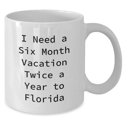 Florida Gifts for Men, Women, Friends, Coworkers, and Family - 'I Need A Six Month Vacation Twice A Year To Florida' White Coffee Mug, 11oz or 15oz, Ceramic, Microwave, and Dishwasher Safe - The Buy Boom