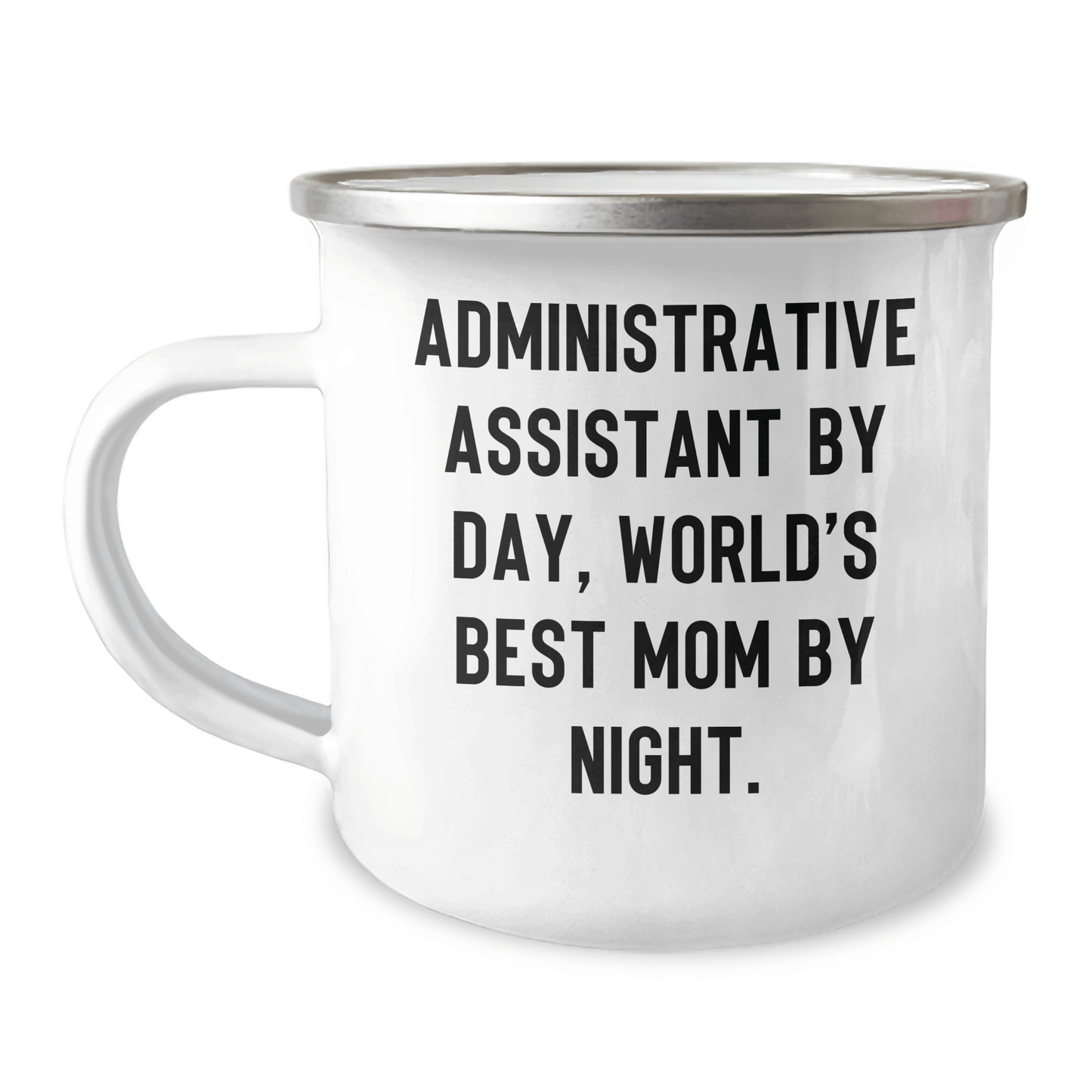 Funny Administrative Assistant Gifts for Dad - 'Administrative Assistant By Day, World's Best Mom By Night.' Enamel Camping Mug, Gifts from Family for Father's Day - The Buy Boom