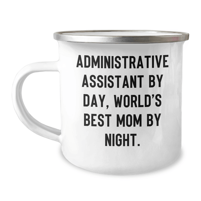 Funny Administrative Assistant Gifts for Dad - 'Administrative Assistant By Day, World's Best Mom By Night.' Enamel Camping Mug, Gifts from Family for Father's Day - The Buy Boom