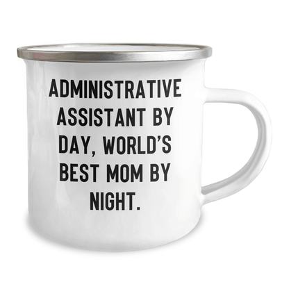 Funny Administrative Assistant Gifts for Dad - 'Administrative Assistant By Day, World's Best Mom By Night.' Enamel Camping Mug, Gifts from Family for Father's Day - The Buy Boom