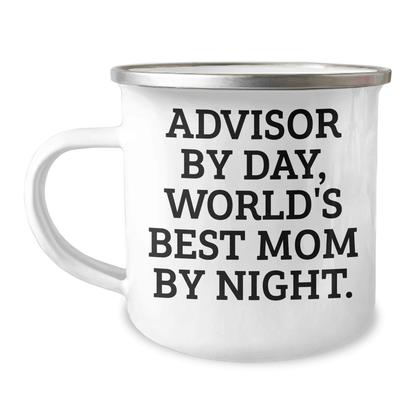 Funny Advisor Gifts for Men - 'Advisor By Day, World's Best Mom By Night.' Enamel Camping Mug, Gifts from Family for Father's Day - The Buy Boom