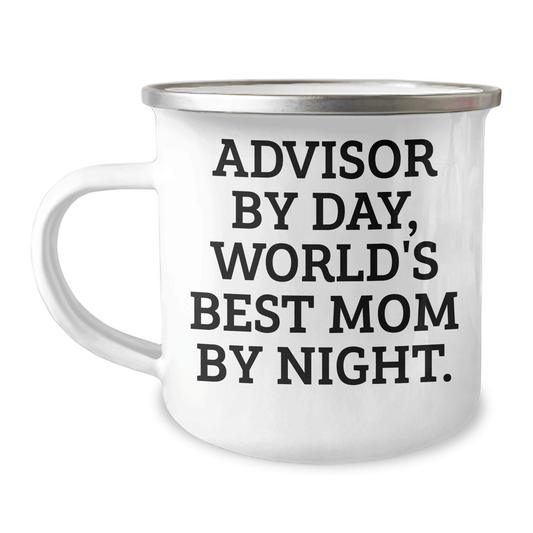 Funny Advisor Gifts for Men - 'Advisor By Day, World's Best Mom By Night.' Enamel Camping Mug, Gifts from Family for Father's Day - The Buy Boom
