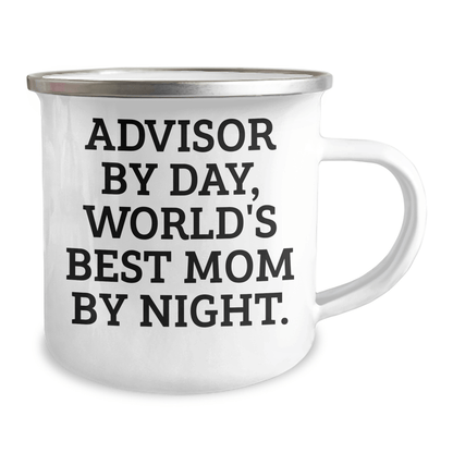 Funny Advisor Gifts for Men - 'Advisor By Day, World's Best Mom By Night.' Enamel Camping Mug, Gifts from Family for Father's Day - The Buy Boom