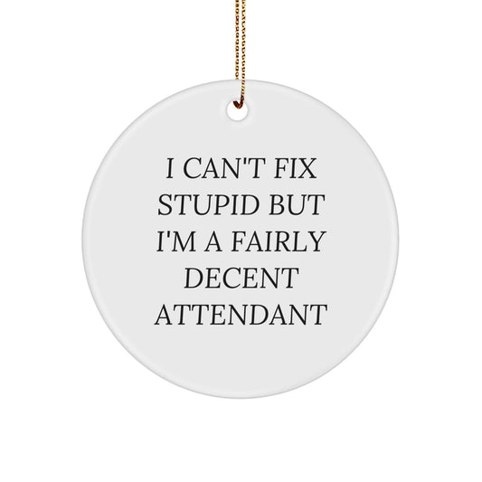 Funny Attendant Gifts from Friends, Christmas Unique Circle Ornaments with I Can't Fix Stupid But I'm A Fairly Decent Attendant Quote, Perfect for Attendant Men or Women - The Buy Boom