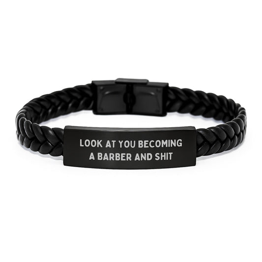 Funny Barber Gifts for Him, Leather Interlaced Bracelet with Engraved Stainless Steel, Unique Christmas Memorable Presents from Men to Friends, Unique Style Accessories - The Buy Boom