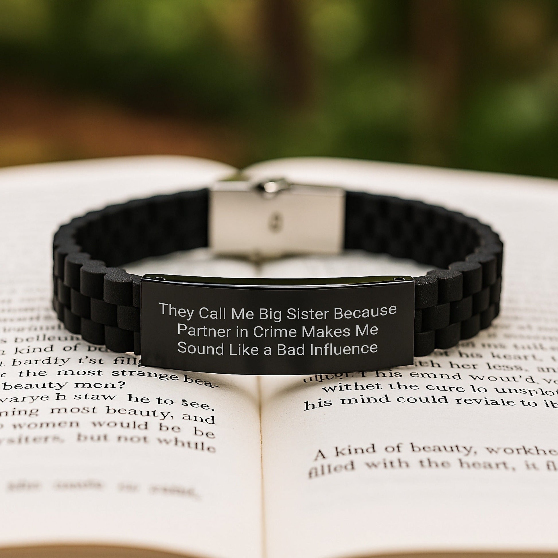 Funny Big Sister Birthday Unique Gift from Men - Glide lock Clasp Black Stainless Steel Silicone Adjustable, They Call Me Big Sister Because Partner In Crime Makes Me Sound Like A Bad Influence - The Buy Boom