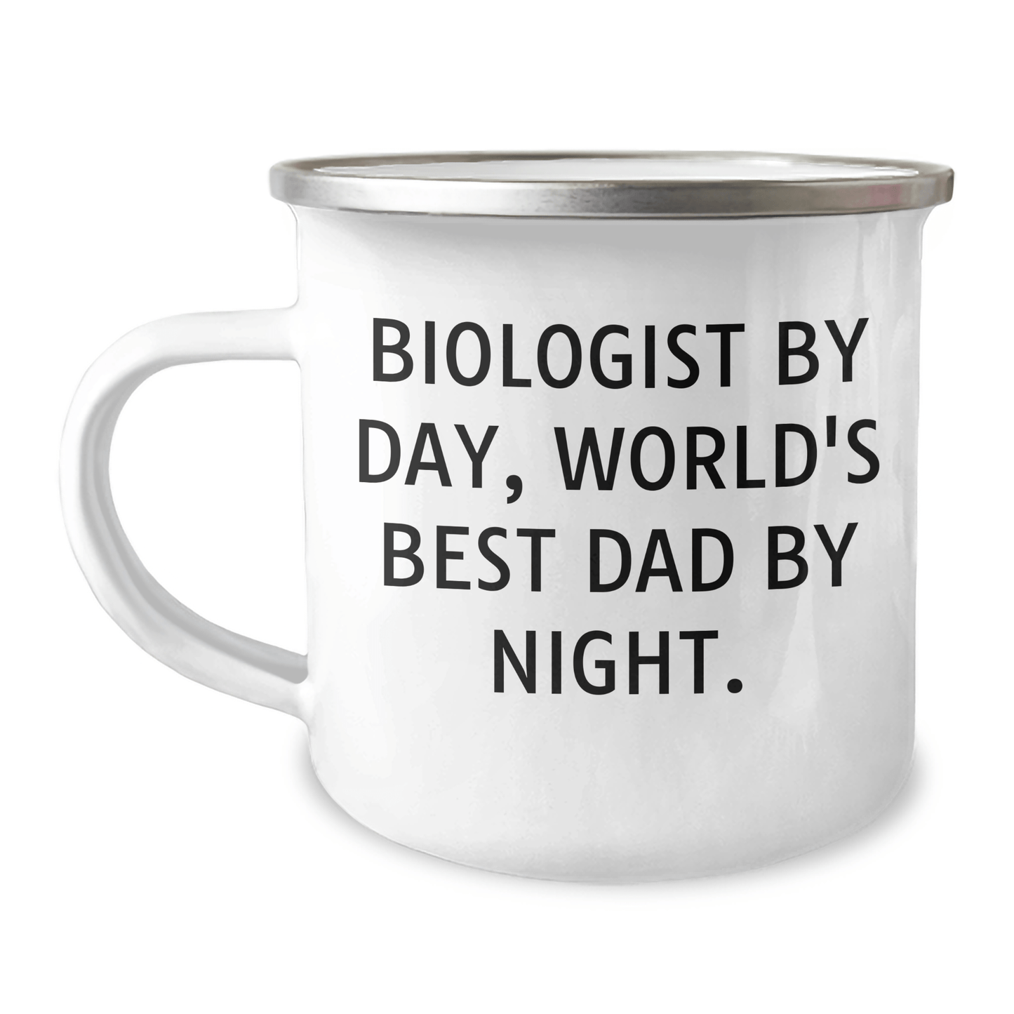 Funny Biologist Gifts for Him - Camping Mug for Dad, 'Biologist By Day, World's Best Dad By Night.' - Enamel Finish, 12 oz Capacity, Stainless Steel - The Buy Boom