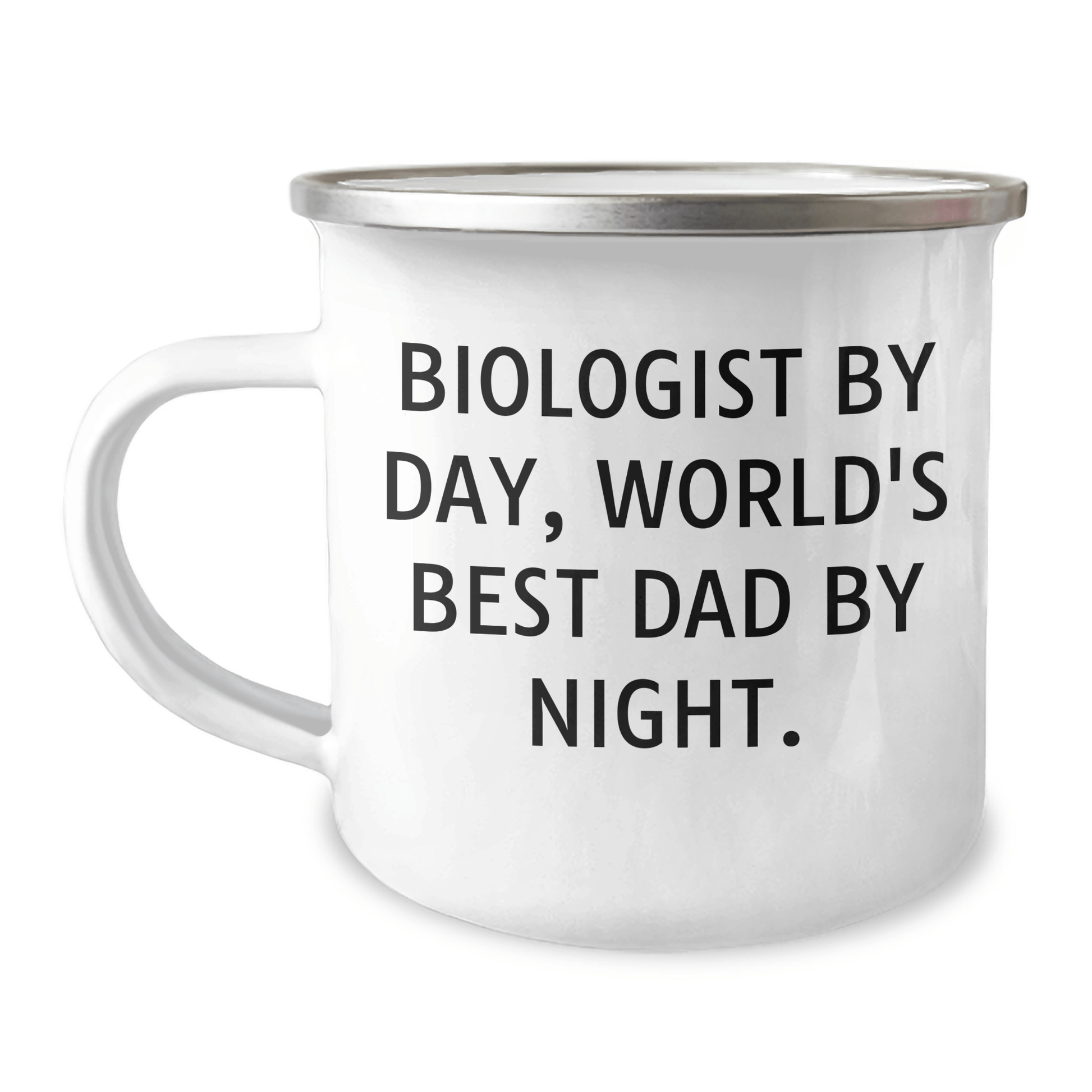 Funny Biologist Gifts for Him - Camping Mug for Dad, 'Biologist By Day, World's Best Dad By Night.' - Enamel Finish, 12 oz Capacity, Stainless Steel - The Buy Boom