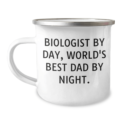 Funny Biologist Gifts for Him - Camping Mug for Dad, 'Biologist By Day, World's Best Dad By Night.' - Enamel Finish, 12 oz Capacity, Stainless Steel - The Buy Boom