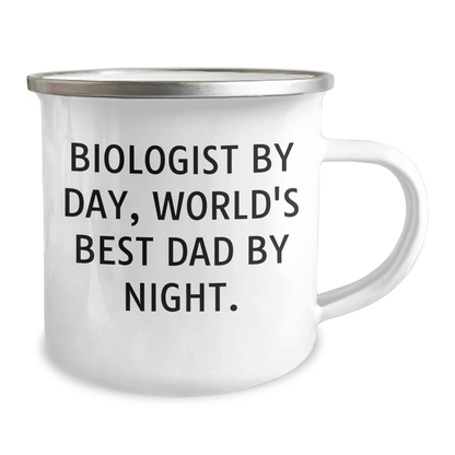 Funny Biologist Gifts for Him - Camping Mug for Dad, 'Biologist By Day, World's Best Dad By Night.' - Enamel Finish, 12 oz Capacity, Stainless Steel - The Buy Boom