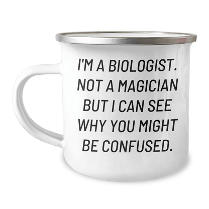 Funny Biologist Gifts for Men - 'I'm A Biologist. Not A Magician' Enamel Camping Mug, 12 oz, Stainless Steel, Perfect for Father's Day - The Buy Boom