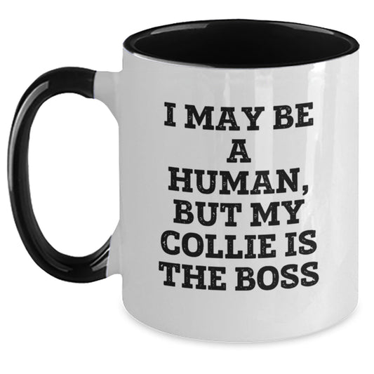 Funny Collie Dog Gifts from Friends for Collie Dog Lovers, I May Be A Human, But My Collie Is The Boss Two Tone Coffee Mug, Birthday Unique Presents - The Buy Boom