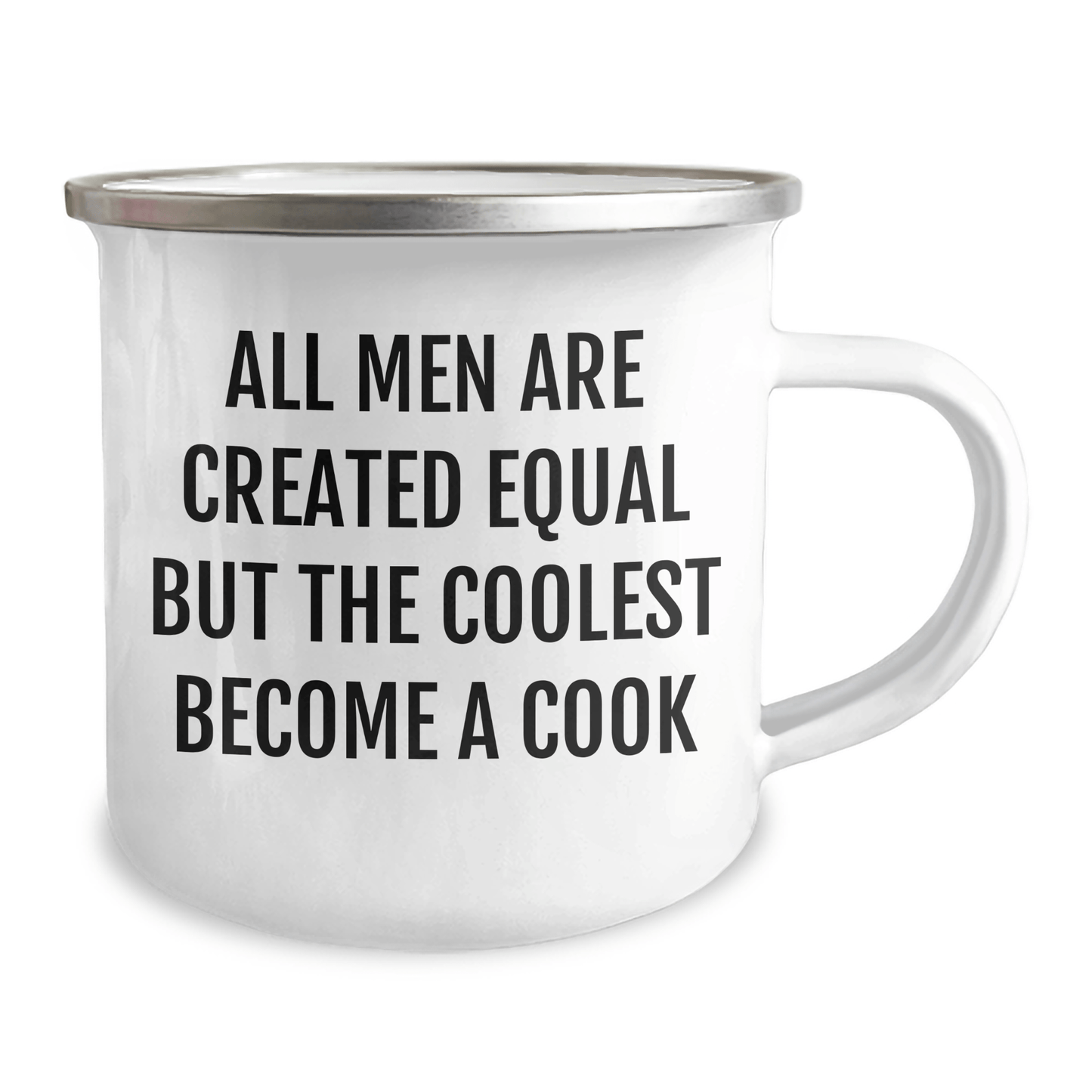 Funny Cook Gifts for Men - 'All Men Are Created Equal But The Coolest Become A Cook' Enamel Stainless Steel Camping Mug, 12 oz, Father's Day Unique Gifts from Men to Men - The Buy Boom