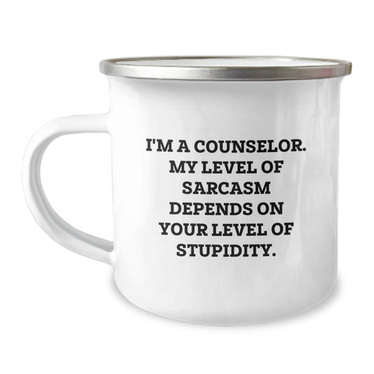 Funny Counselor Gifts from Friends for Counselor - Sarcasm Level, I'm A Counselor, Camping Mug for Christmas Unique Gifts - The Buy Boom