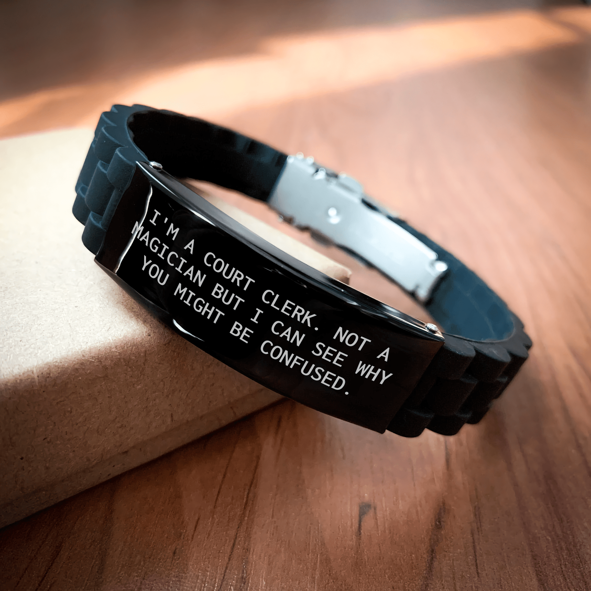 Funny Court Clerk Quote Glide lock Clasp Bracelet, Gifts from Family for Court Clerk, Unique Father's Day Unique Gift for Men, Black Stainless Steel and Silicone, Adjustable - The Buy Boom