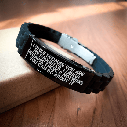 Funny Daughter Gifts from Mom - I Smile Because You Are My Daughter, Glide lock Clasp Adjustable Black Stainless Steel Silicone Quote Bracelet for Graduation - The Buy Boom