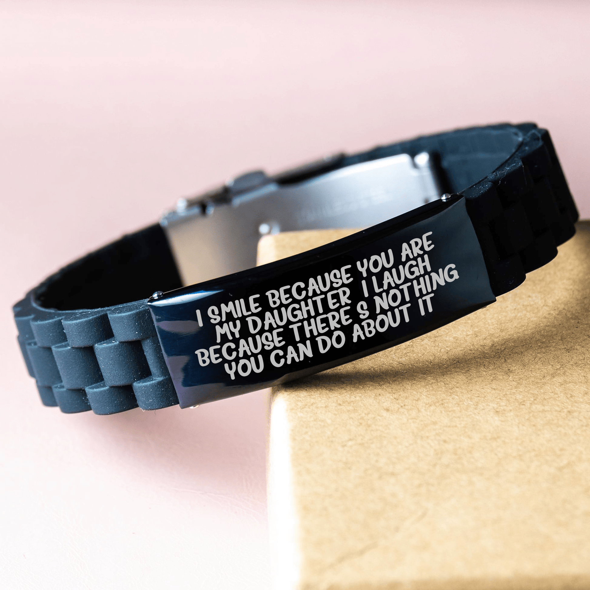 Funny Daughter Gifts from Mom - I Smile Because You Are My Daughter, Glide lock Clasp Adjustable Black Stainless Steel Silicone Quote Bracelet for Graduation - The Buy Boom