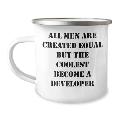 Funny Developer Gifts from Men - 'All Men Are Created Equal But The Coolest Become A Developer' Quote on Camping Mug, Perfect for Father's Day - The Buy Boom
