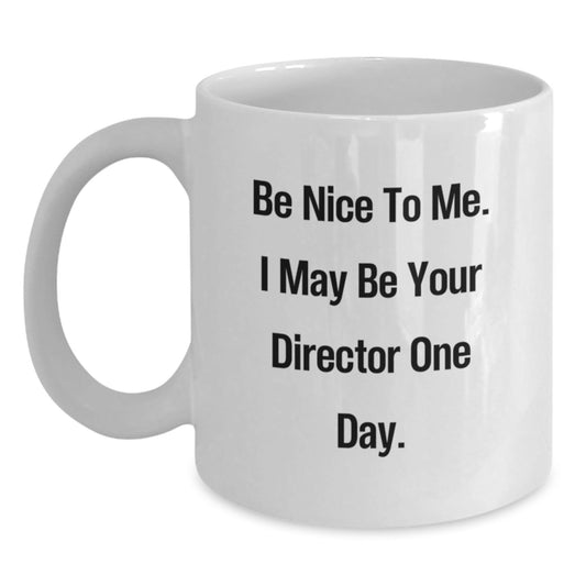 Funny Director White Coffee Mug Gifts for Him from Friends on Birthday - 'Be Nice To Me. I May Be Your Director One Day.' - The Buy Boom