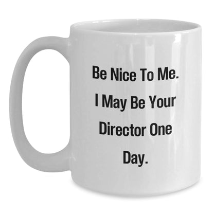 Funny Director White Coffee Mug Gifts for Him from Friends on Birthday - 'Be Nice To Me. I May Be Your Director One Day.' - The Buy Boom