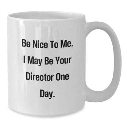 Funny Director White Coffee Mug Gifts for Him from Friends on Birthday - 'Be Nice To Me. I May Be Your Director One Day.' - The Buy Boom