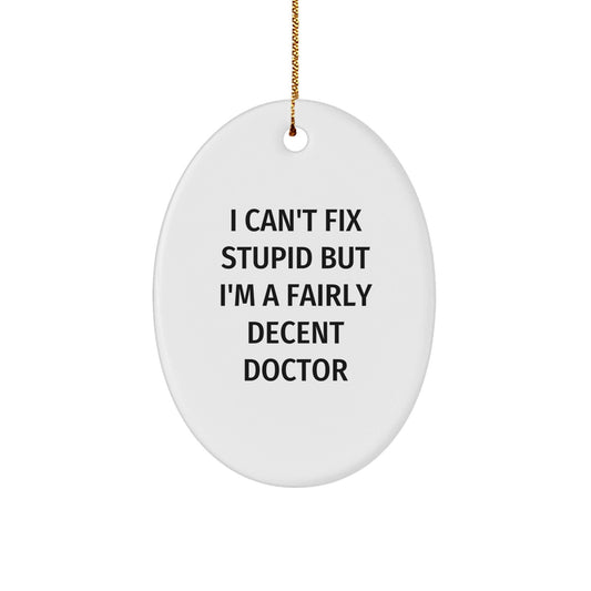 Funny Doctor Gifts for Friends, Family, and Coworkers - Oval Ornament with I Can't Fix Stupid But I'm A Fairly Decent Doctor Quote, Christmas Unique Gifts from Men - The Buy Boom