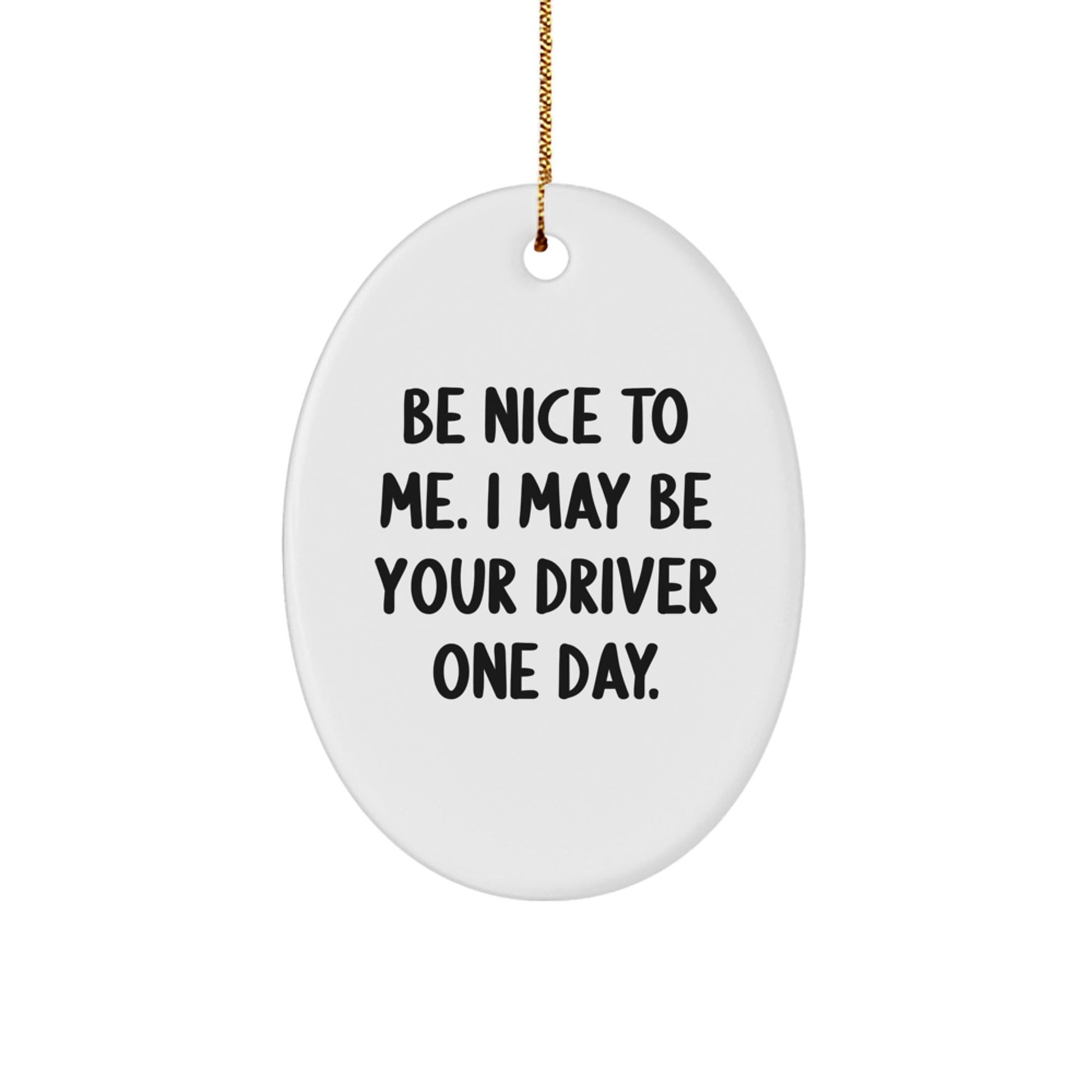 Funny Driver Gifts from Friends - Be Nice To Me. I May Be Your Driver One Day. Oval Ornament for Christmas - The Buy Boom
