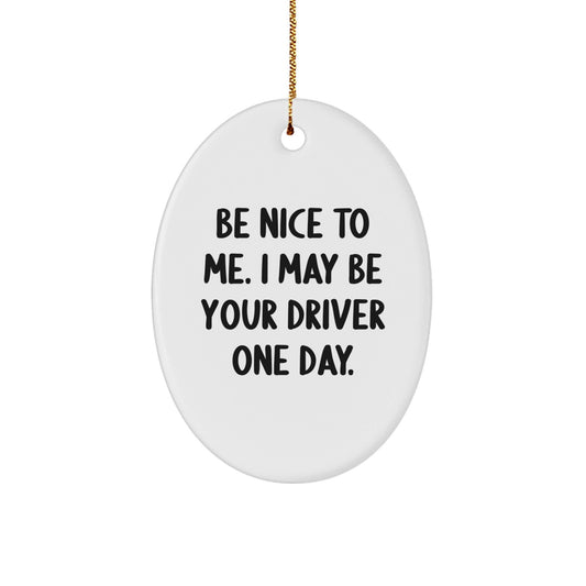 Funny Driver Gifts from Friends - Be Nice To Me. I May Be Your Driver One Day. Oval Ornament for Christmas - The Buy Boom