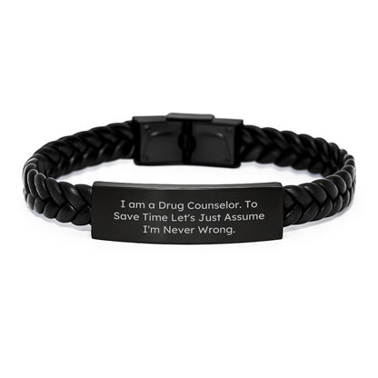 Funny Drug Counselor Gifts for Men, Interlaced Leather Bracelet with Stainless Steel Engraving, Christmas Unique Presents from Friends - The Buy Boom