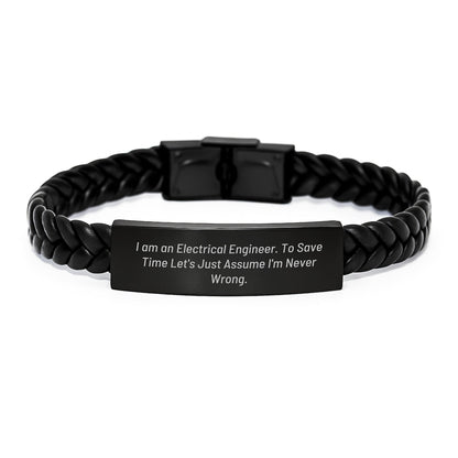 Funny Electrical Engineer Gifts for Men - 'I'm Never Wrong' Interlaced Leather Bracelet, Christmas Unique Presents for Coworkers, Friends, Family, Stainless Steel PU Leather Accessories - The Buy Boom