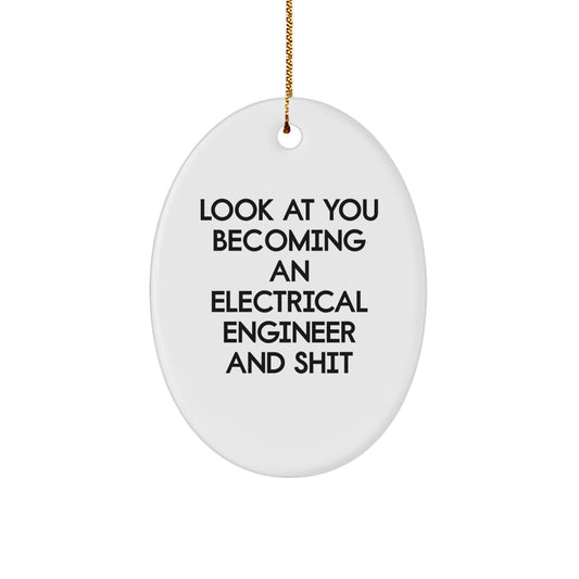 Funny Electrical Engineer Gifts from Friends - Oval Ornament for Engineers, Unique Christmas Decoration, Look At You Becoming An Electrical Engineer And Shit, White Oval Shaped Decor - The Buy Boom