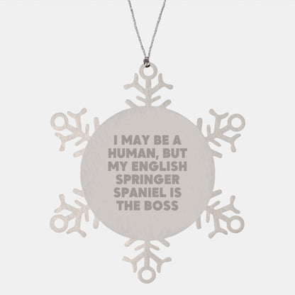 Funny English Springer Spaniel Dog Gifts from Friends for Christmas - Snowflake Ornament, 'I May Be A Human, But My English Springer Spaniel Is The Boss' - The Buy Boom