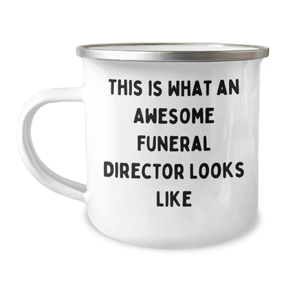 Funny Funeral Director Gifts from Men to Men, 'This Is What An Awesome Funeral Director Looks Like' Enamel Mug for Father's Day, 12 oz Camping Mug - The Buy Boom