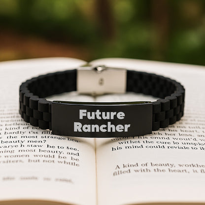 Funny Future Rancher Gifts for Men - Glide lock Clasp Bracelet, Adjustable, Black Stainless Steel, Silicone, Christmas Unique Gifts from Friends to Rancher - The Buy Boom