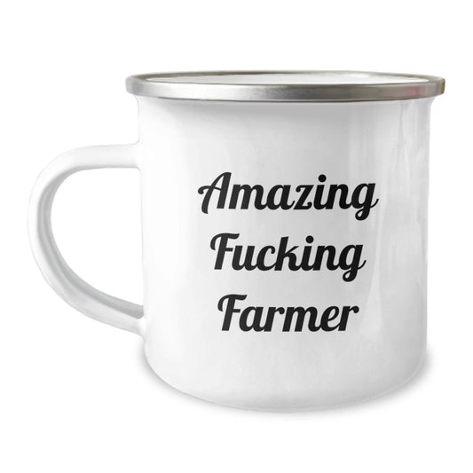 Funny Gifts from Friends for Farmer - Amazing 'F - king' Farmer Enamel Camping Mug, Stainless Steel, 12 oz Capacity, Perfect for Christmas Unique Presents - The Buy Boom