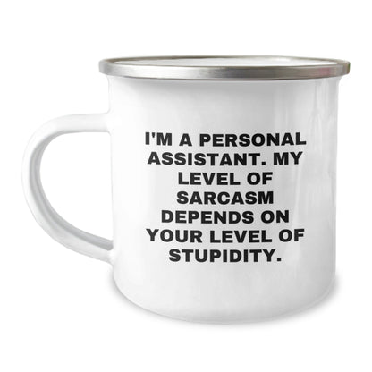 Funny Gifts from Friends for Personal Assistant - Sassy 'Stupidity' Christmas Mug, 12 oz Camping Stainless Steel with Enamel Finish - The Buy Boom