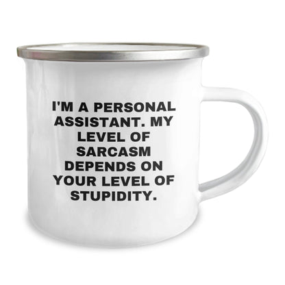 Funny Gifts from Friends for Personal Assistant - Sassy 'Stupidity' Christmas Mug, 12 oz Camping Stainless Steel with Enamel Finish - The Buy Boom