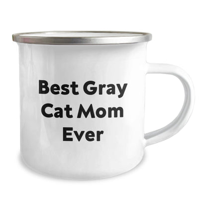 Funny Gray Cat Mom Ever Gifts from Family to Graduation Camping Mug, Best Quote for Gray Cat Lovers, 12 oz Stainless Steel with Enamel Finish - The Buy Boom