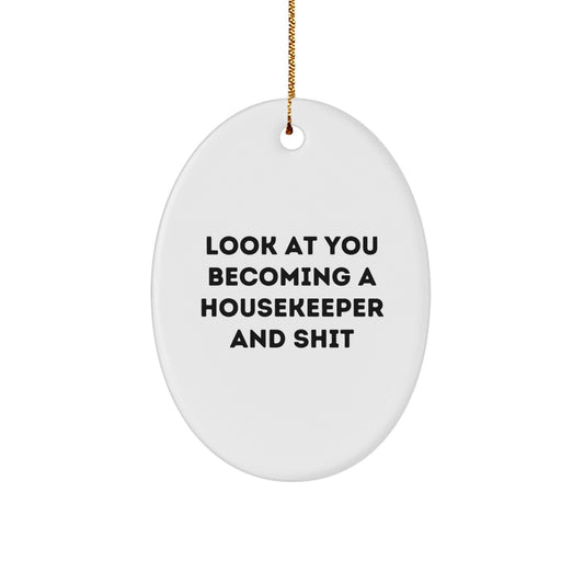 Funny Housekeeper Gifts for Christmas - 'Look At You Becoming A Housekeeper And Shit' Oval Ornament for Housekeepers from Sister, Daughter, Mom, or Friend - The Buy Boom